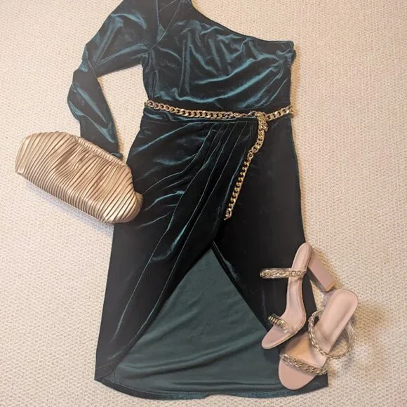 SHEIN SXY One Shoulder Puff Sleeve Draped Velvet Dress size - Picture 8 of 8